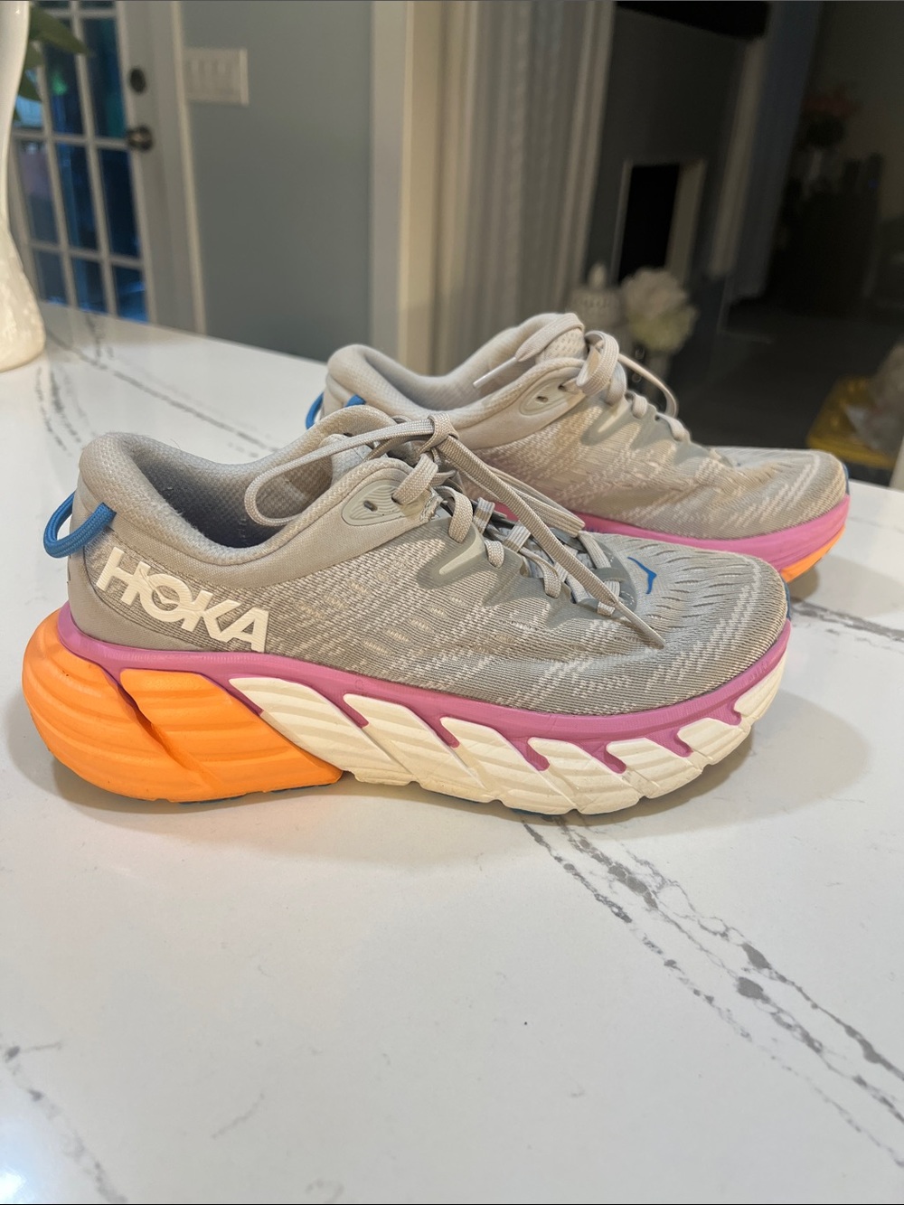 Hoka Gaviota Light Gray 4 Running with Pink & Orange Accents size US6B EU 37 1/2